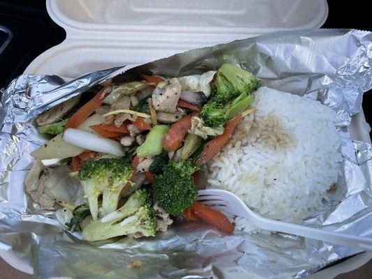 Stir-fry vegetables with chicken added! A welcome meal to a long, very whiney road.