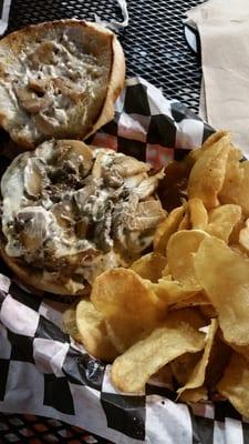 Mushroom Swiss burger and depot chips.