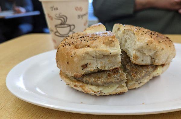 Sausage egg and cheese on an everything bagel