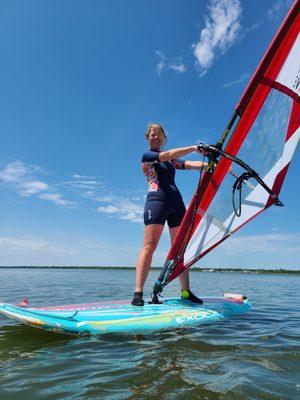 My girlfriend on rental board at Extreme Windsurfing