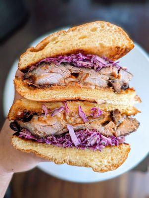 The Broadway. Pork baby back rib with a creamy barbecue sauce, slaw on a Homeboy brioche bun.