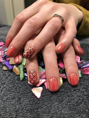 Shellac Manicure with Mermaid tail stamp and Swarovski Crystals