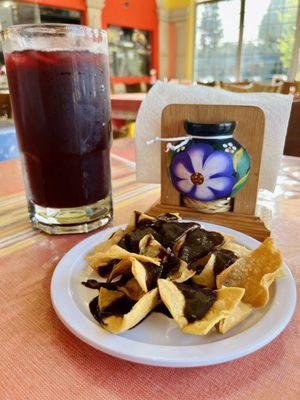 Chips and Salsa and Agua de Jamaica