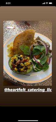 Stuffed avocado, salad, some baked Mac and cheese and empanadas