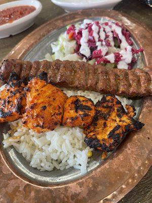 Kabob combo with marinated chicken and beef/lamb mixture with a great salad and rice!