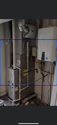 Second floor furnace air conditioning and humidifier and tankless water heater