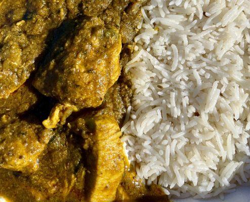 Chicken Saag and rice, lunch special closeup