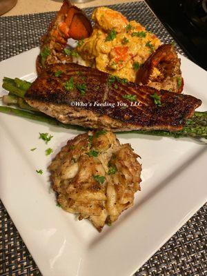 Lobster Mashed Potatoes, Garlic Butter Lobster Tails, Pan Seared Salmon, Jumbo Lump CrabCake, & Asparagus