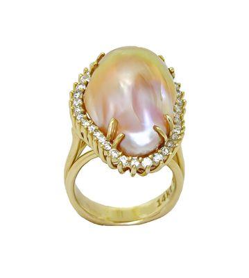 14k yellow gold Beige multi-color freshwater pearl and diamond wire basket ring