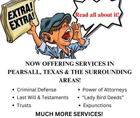 We are now offering services in Pearsall, Texas, and the surrounding areas! Call us at (956) 329-2888! 

Main office in Laredo, Texas