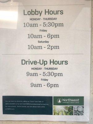 Lobby & drive-thru hours