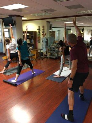 Yoga classes are taught with PT in mind. Our instructor teaches yoga with emphasis on proper form in regards to any pain/injuries you have.