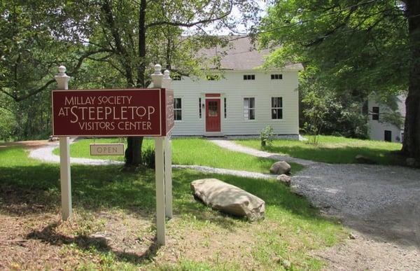 Welcome sign and visitor center at Steepletop.