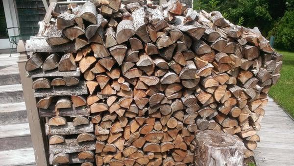 Seasoned wood shows expansion cracks on the end grain of the split logs