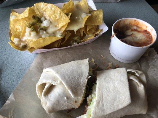 Nachos, beans, burrito.