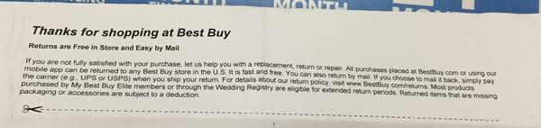 Best Buy's return policy - taken at the customer service counter as the manager was refusing to accept my return because I purchased online.