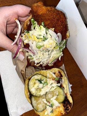 Nashville hot chicken sandwich with coleslaw and homemade pickles