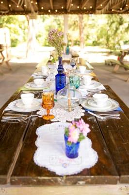 vintage china at a rustic wedding