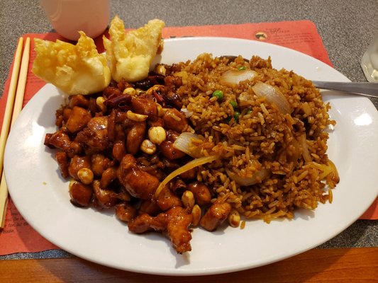 Kung pao chicken, fried rice and crab rangoon.