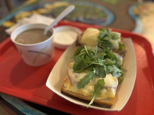 Creamy Red Potato with sirloin steak and Oven-Roasted Turkey w/Swiss Cheese sandwich