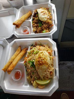 Pancit and fried rice topped with eggs with 2 of our famous eggrolls