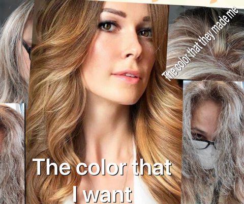 I paid almost $500 dlls in this salon, I asked for one gold-brown color, but they made me a white-gray color, They refuses to fix it.