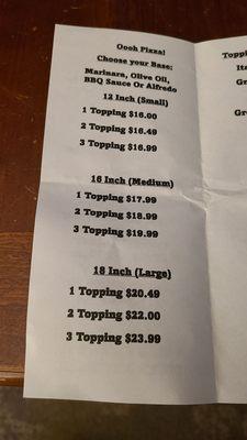 Pizza sizes and by toppings