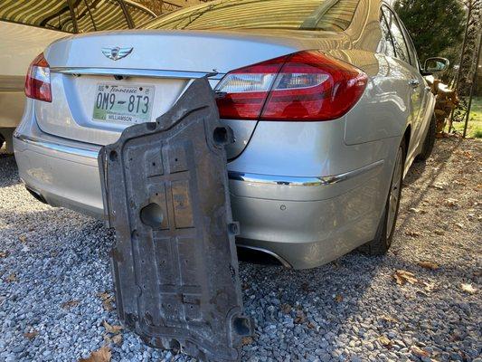 The skid plate that fell off after Valvoline's handiwork.