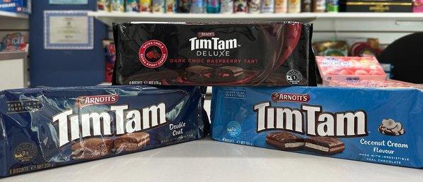 Now available from Australia! TimTam Dark Chocolate Raspberry, Coconut cream filled, and Double Coat!