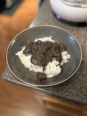 Dinuguan in white rice. Bought at Tindahang Pinoy. ANG SARAP! (Delicious!)