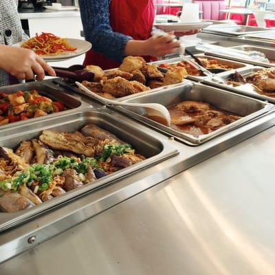 Some of the choices for the lunch combo specials: fried chicken, beef stew, egg plant, and more.