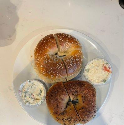 Two bagels with a side of cream cheese costs $10!!