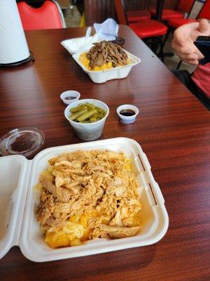 BBQ bowls with chicken and brisket (tons of food packed into a small container)