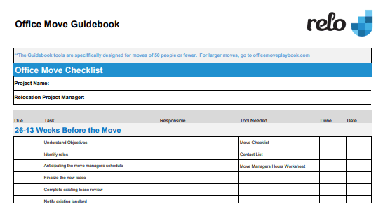 Get our free office move checklist.  Developed by relo pros.