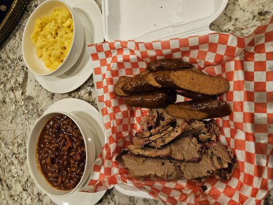 Brisket (I'll go for the fatty side next time), sausage, Mac and cheese and beans.