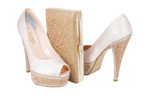 "Hedla" Pink Sateen Rhinestone Shoes & "Nura" Rose Gold Rhinestone Clutch