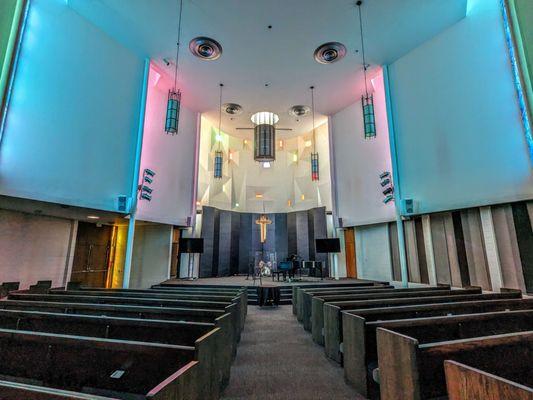 The colored light from the stained glass