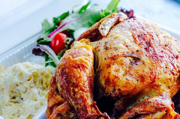 Lemon Pepper Roast Chicken with Green Salad and Potato Salad