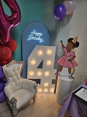 Gracie's Corner prop
6' backdrop, lighted marquee number. Happy birthday Sign, balloon column with foil number balloon