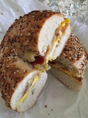 Bacon, egg, (pepper jack) cheese on an everything bagel