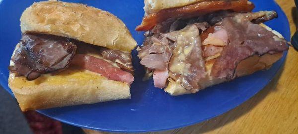 The Belushi. Ham Bacon and Roast Beef with Cheddar and Beer Cheese.