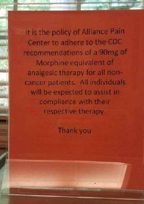 Notice placed in exam rooms during unwarranted prscrb chngs in 17.  ALL pts were taken off their respective doses regardless of diagnosis.