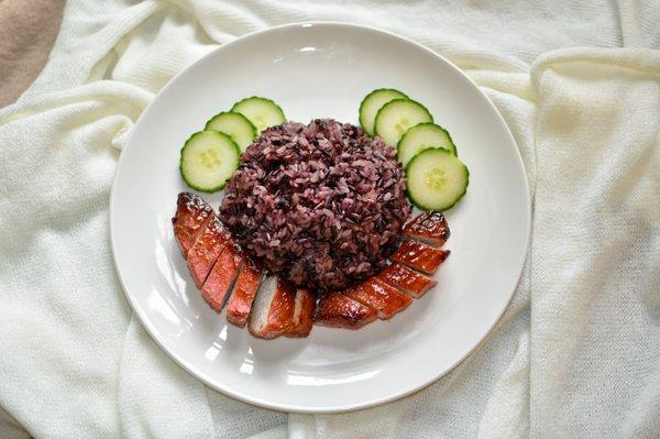 Rice (sticky or fried), char sui, veggie side