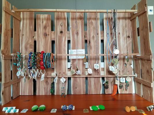 Hand made jewlery. There are many options in the gift shop