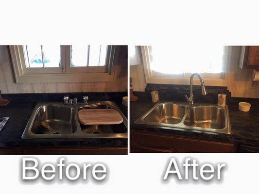 Installed new faucet and glass tile back splash