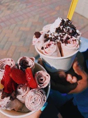 Rolled Ice Cream -red bean with strawberries and brownie bites  the strawberry shortcake with whipped cream and brownie bites.