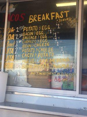 Menu- Breakfast Taco Prices