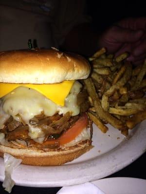 My dad calls this the monster burger. I believe it's a double cheeseburger with all the toppings of the five alarm.