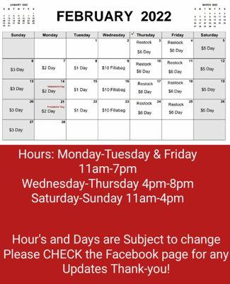 February hours and pricing of days