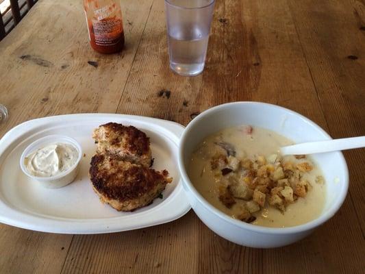 Salmon cake and sweet potato/corn chowder.